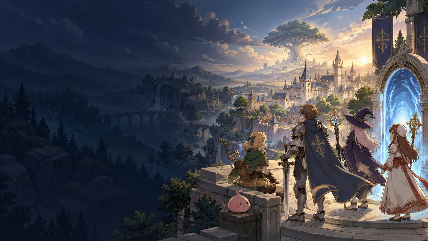 Illustration of adventurers at a warp portal above a town