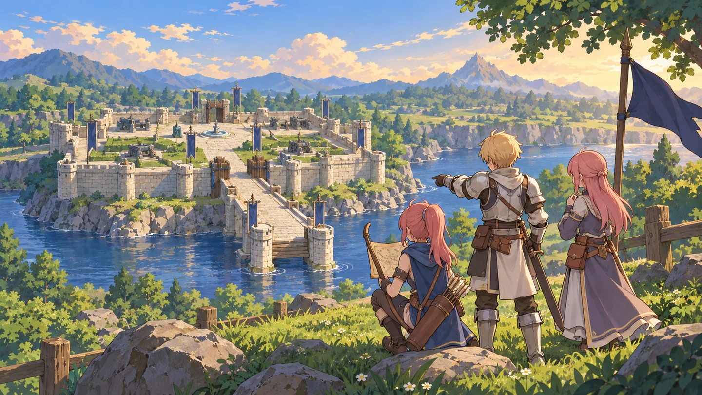 Illustration of Knight, Priest and Archer preparing a team beside the Prontera guild-area river