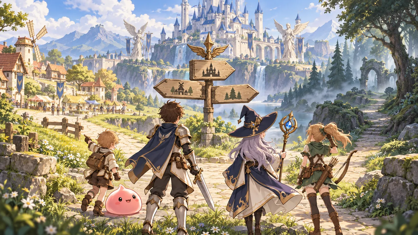 AI-generated illustration of adventurers choosing paths to three ROGOMOVE worlds