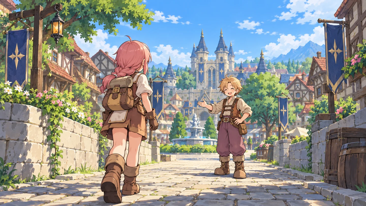 Illustration of Novice arriving in town and meeting Merchant